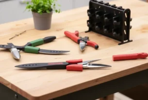Compact garden hand tools on a wooden bench, including a foldable trowel, pruning shears, and a vertical storage rack.