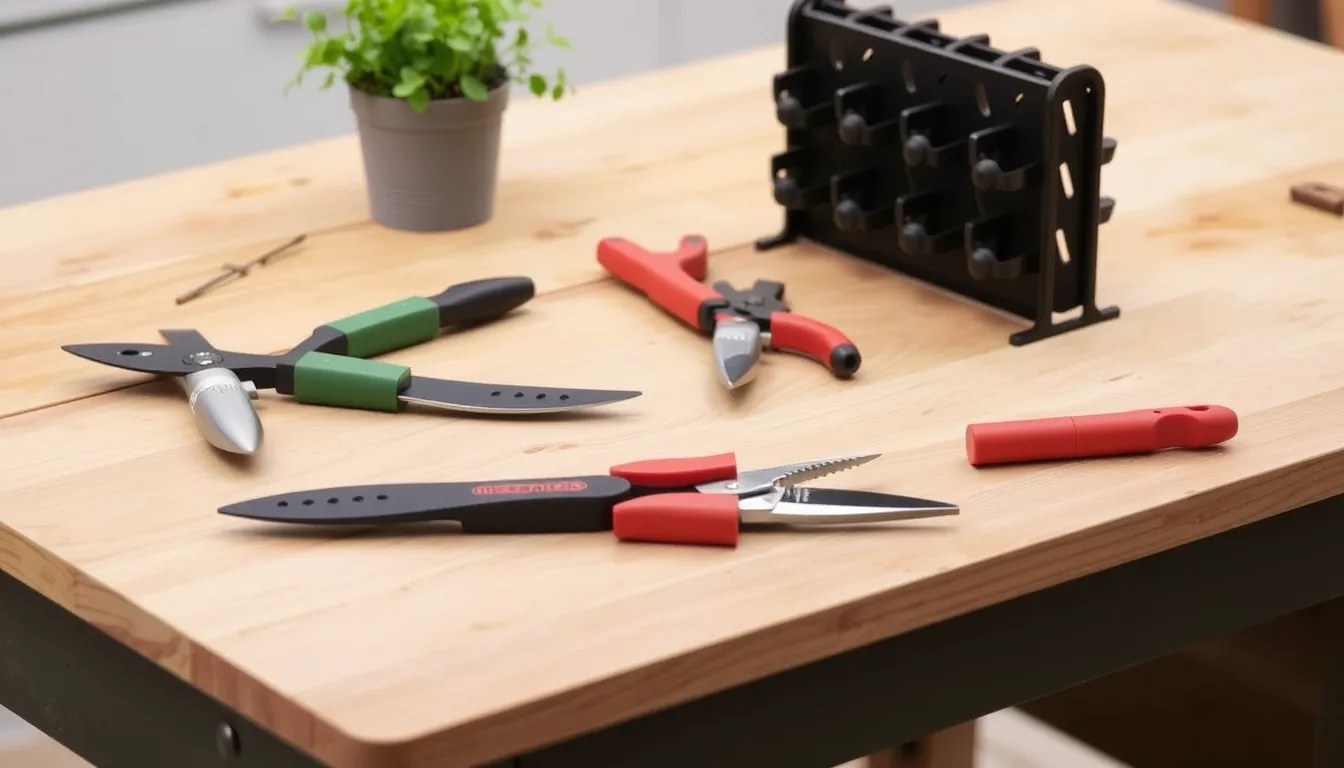 Compact garden hand tools on a wooden bench, including a foldable trowel, pruning shears, and a vertical storage rack.