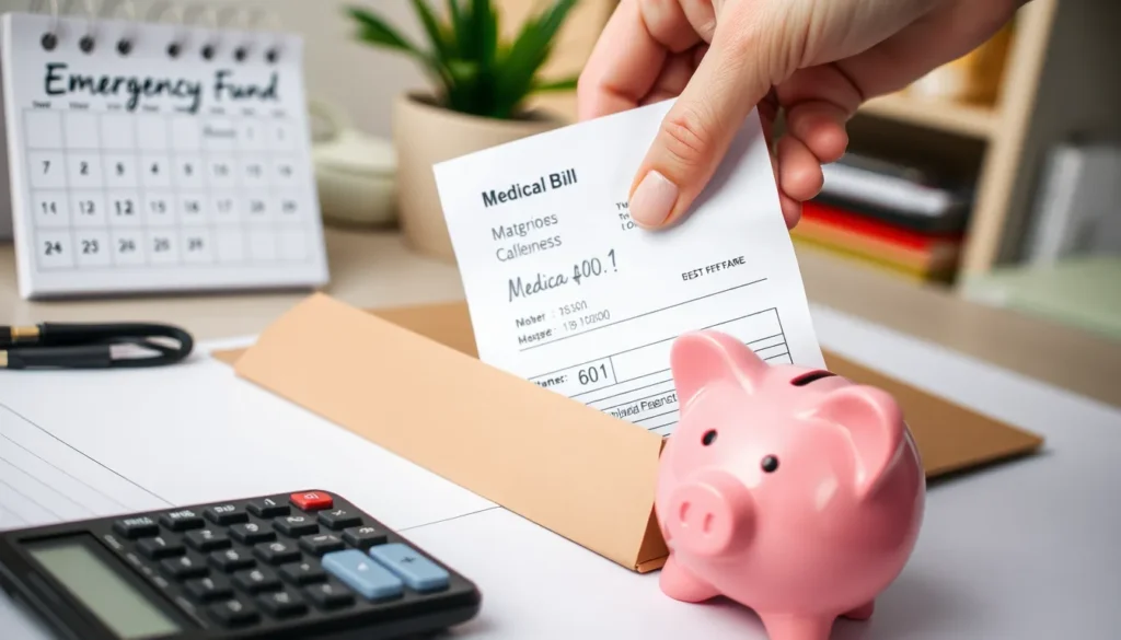 A hand placing a medical bill into a folder next to a calculator and piggy bank, representing financial preparedness.