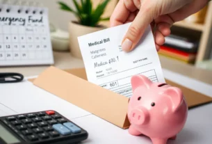 A hand placing a medical bill into a folder next to a calculator and piggy bank, representing financial preparedness.