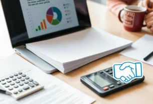 A negotiation table with laptop, documents, calculator, coffee mug, and a stylized handshake icon.